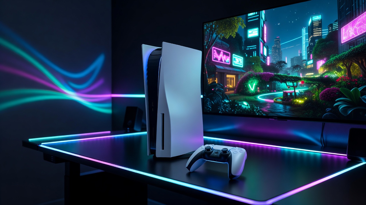 PlayStation 5 Console Setup with RGB Lighting and OLED Display